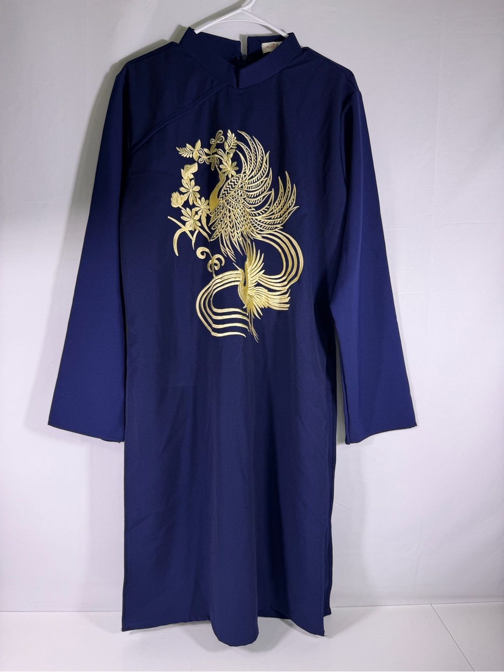 NWT Mai Ao Dai Vietnamese Blue Gold Phoenix Embroidered Tunic XXL